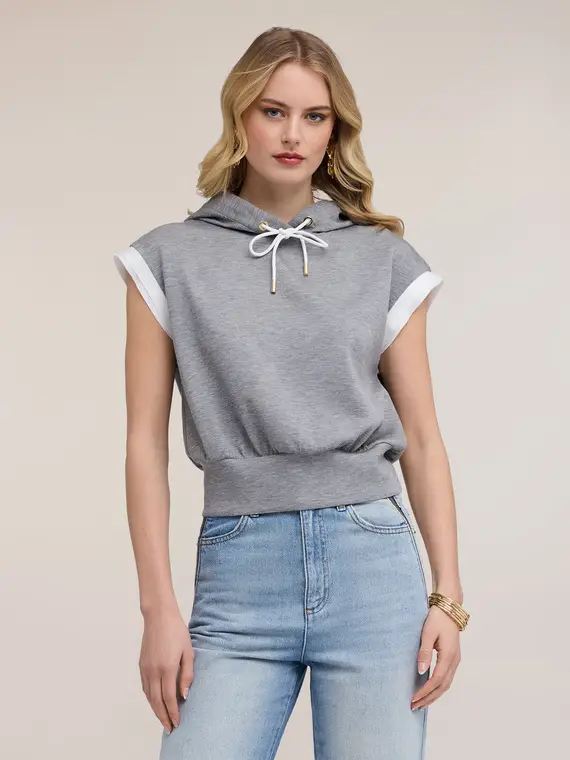 Felpa chiusa a maniche corte con cappuccio Donna, Grigio