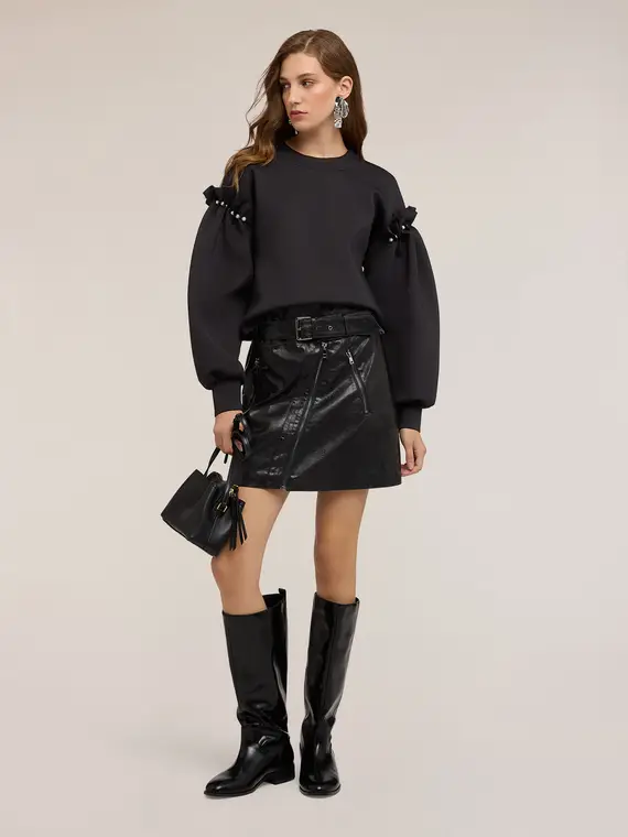 Felpa in scuba con dettaglio perle Donna, Nero miniatura 3