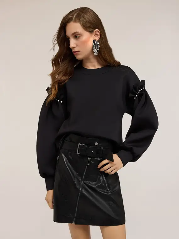 Felpa in scuba con dettaglio perle Donna, Nero