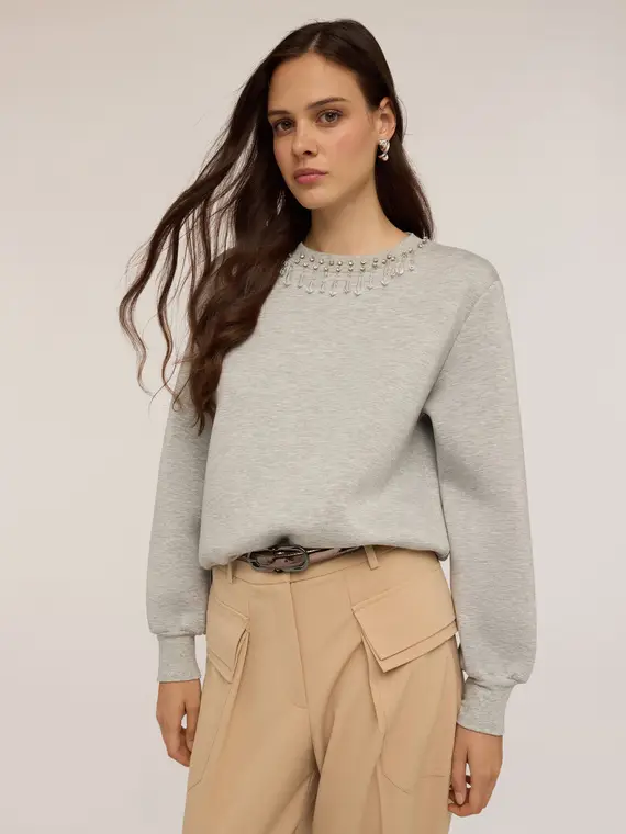Felpa in scuba con ricamo di pietre Donna, Grigio