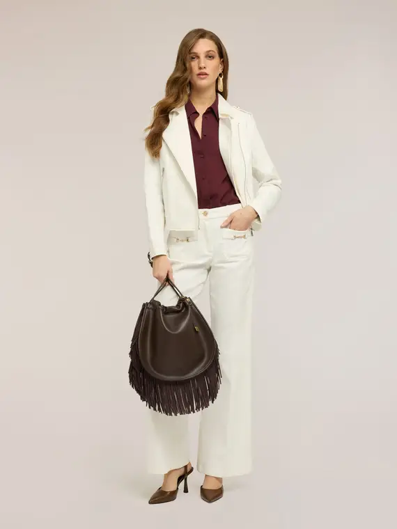 Giacca a chiodo in drill misto cotone Donna, Bianco