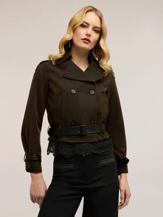 Giacca chiodo in tessuto coated Donna, Marrone