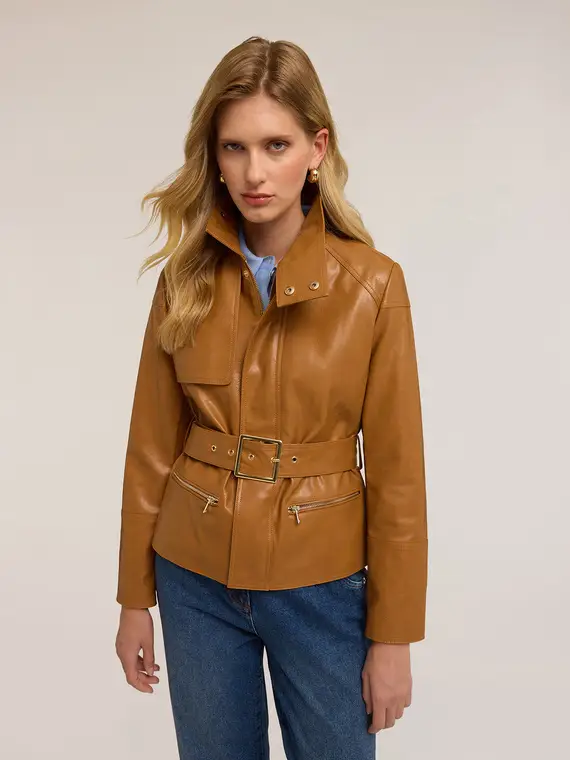 Giacca con cintura in tessuto spalmato Donna, Marrone miniatura 3