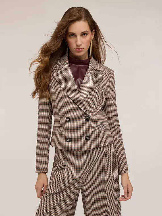 Giacca corta doppiopetto fantasia check Donna, Beige