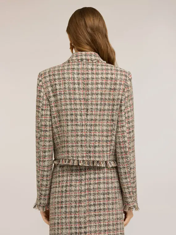 Giacca corta in bouclé con frange e spilla Donna, Beige miniatura 2