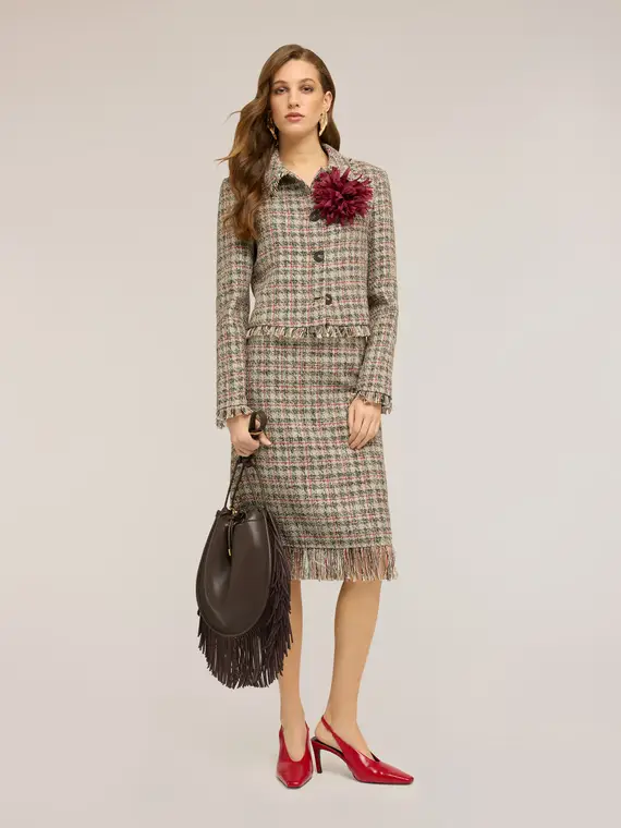 Giacca corta in bouclé con frange e spilla Donna, Beige miniatura 3