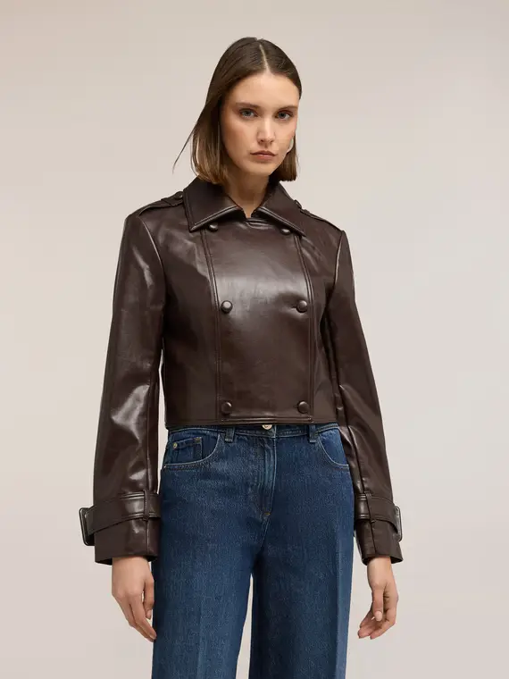 Giacca cropped in tessuto spalmato lucido Donna, Bordeaux miniatura 3