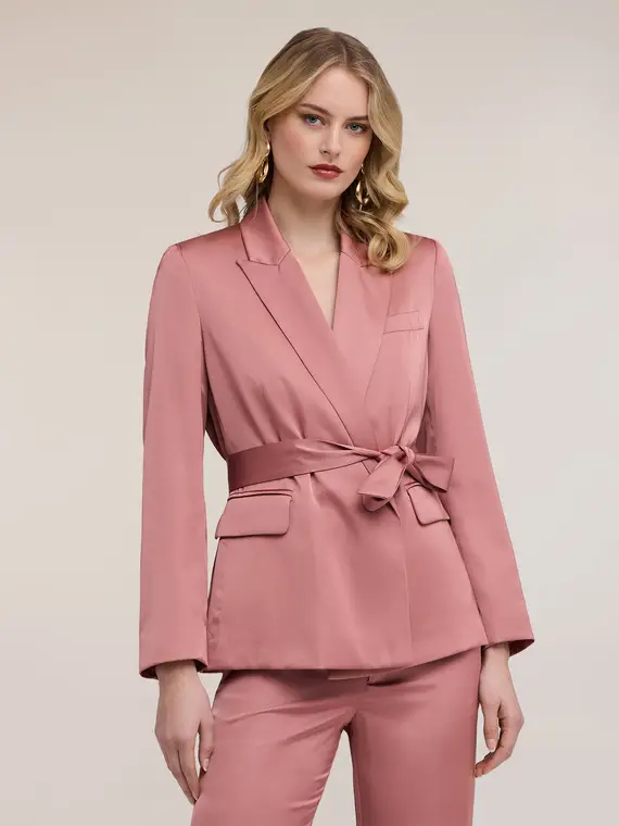 Giacca fluida in raso con cintura Donna, Rosa