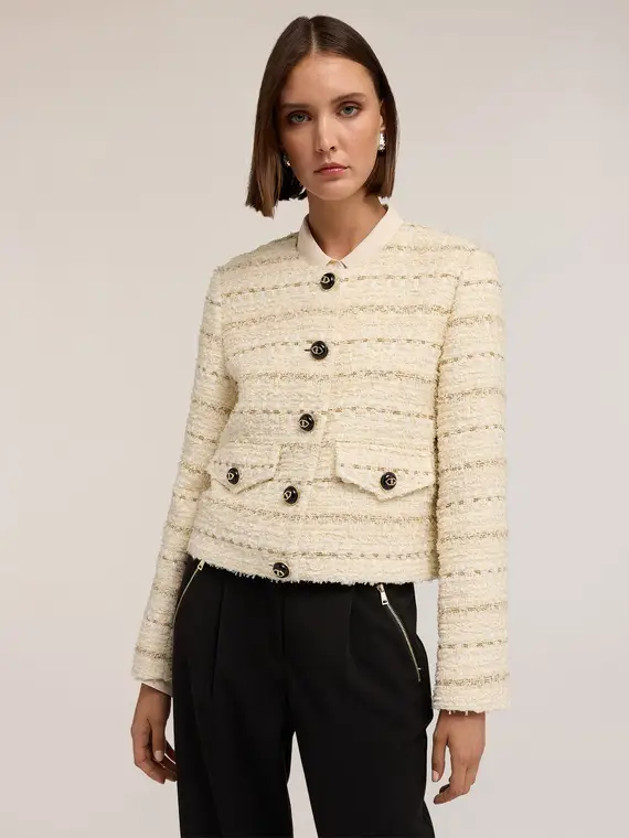 Giacca in tessuto bouclé con bottoni Donna, Beige miniatura 3