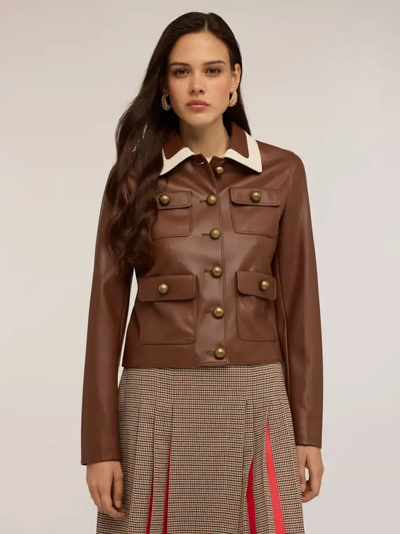 Giacca in tessuto spalmato con tasche Donna, Marrone miniatura 3