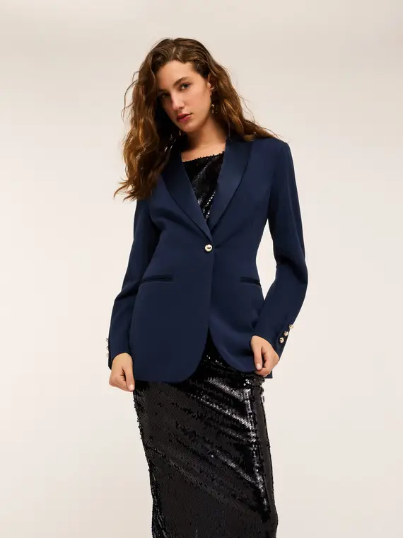 Giacca monopetto con inserti in raso Donna, Blu miniatura 3