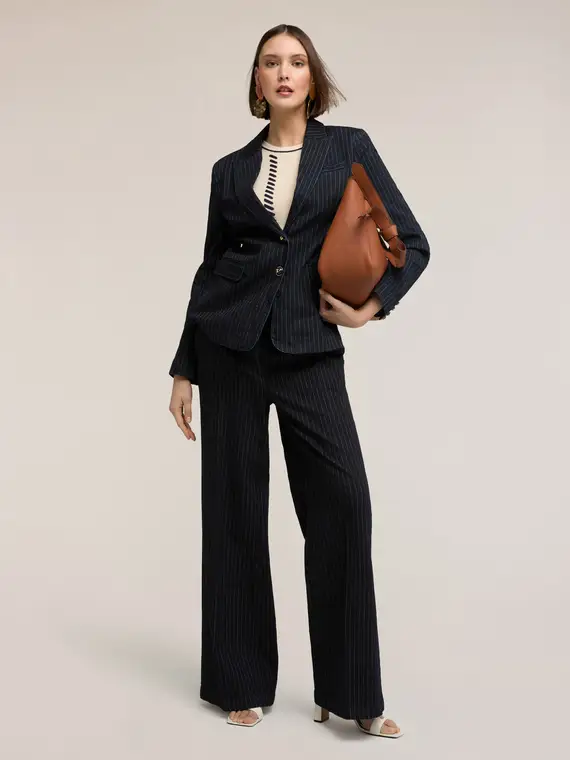 Giacca strutturata in denim gessato Donna, Blu miniatura 3