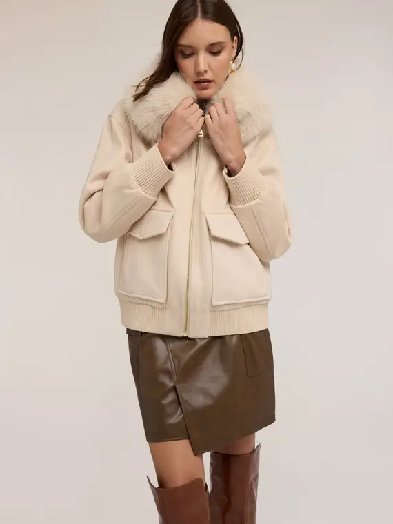 Giaccone in panno misto lana con collo alto Donna, Bianco