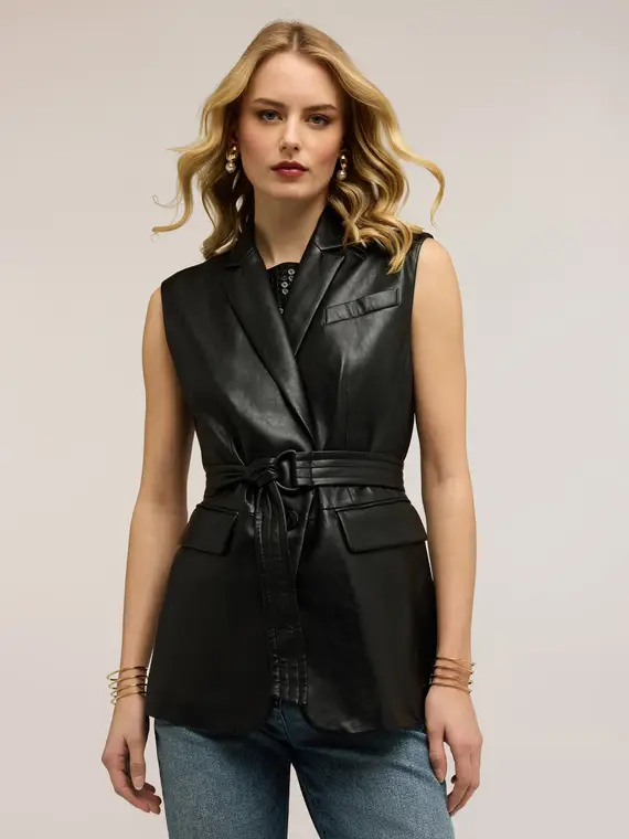 Gilet con cintura e tasche Donna, Nero