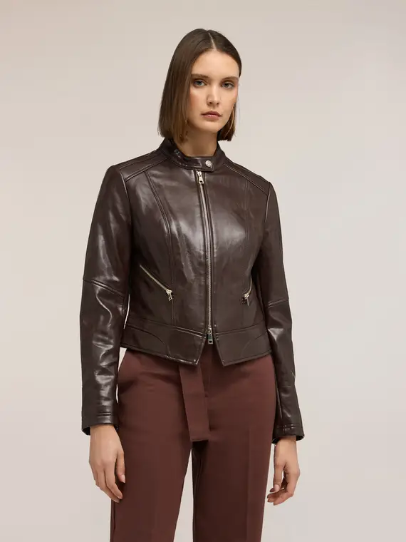 Giubbotto con zip e collo alla coreana Donna, Marrone miniatura 3