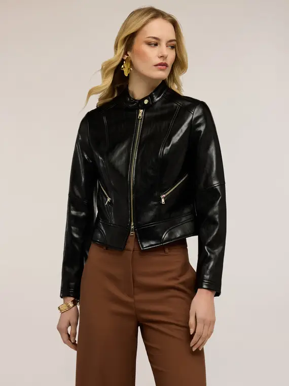 Giubbotto con zip e collo alla coreana Donna, Nero miniatura 3