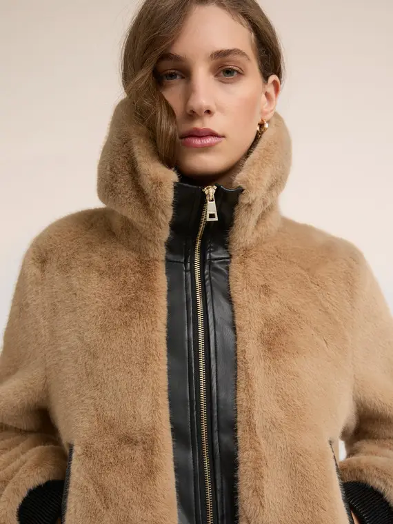 Giubbotto effetto peluche con inserti Donna, Beige miniatura 3