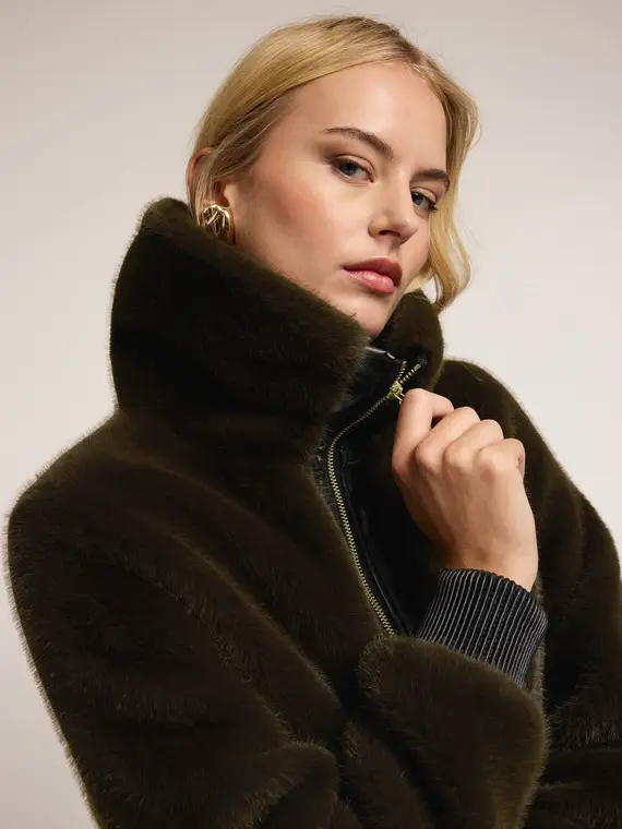 Giubbotto effetto peluche con inserti Donna, Verde militare miniatura 3