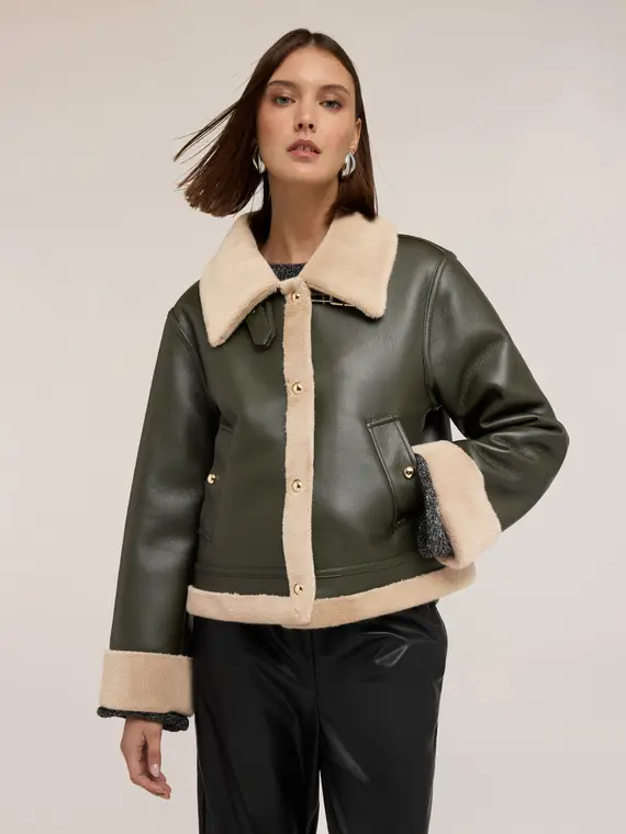 Giubbotto effetto shearling con bottoni Donna, Verde miniatura 3