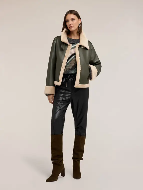 Giubbotto effetto shearling con bottoni Donna, Verde