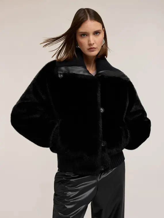 Giubbotto effetto teddy con collo alto Donna, Nero miniatura 3