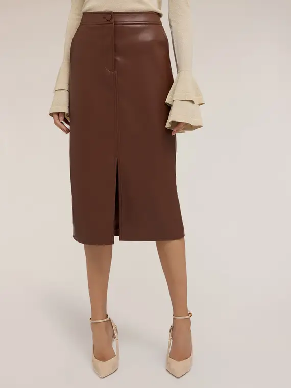 Gonna a tubino in tessuto spalmato Donna, Marrone miniatura 3