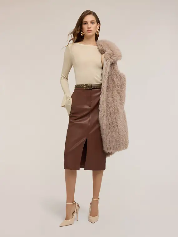 Gonna a tubino in tessuto spalmato Donna, Marrone