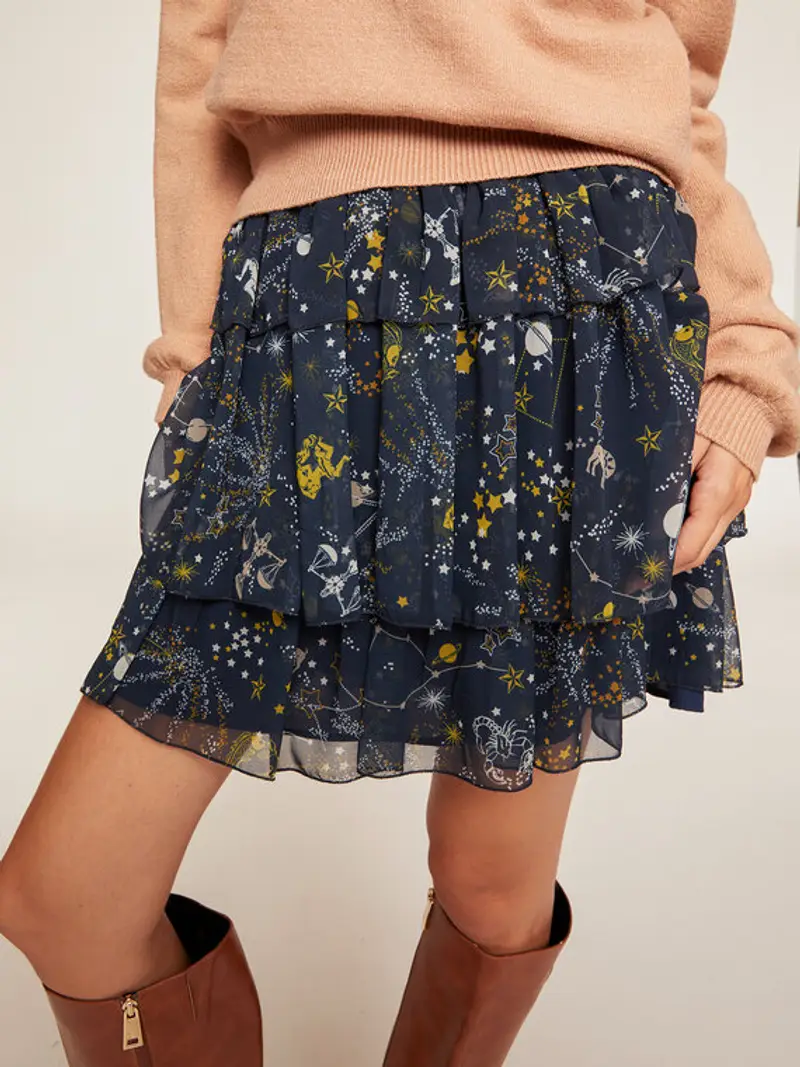 Motivi Gonna corta a balze fantasia zodiaco Donna, Blu, Taglia M miniatura 2