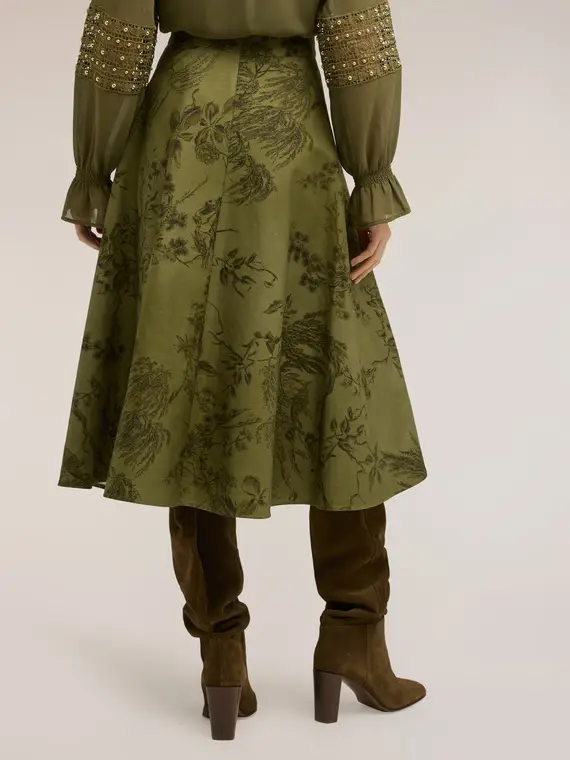 Gonna midi a ruota con fantasia botanica Donna, Verde militare miniatura 2