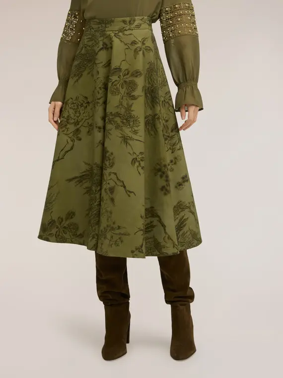 Gonna midi a ruota con fantasia botanica Donna, Verde militare miniatura 3