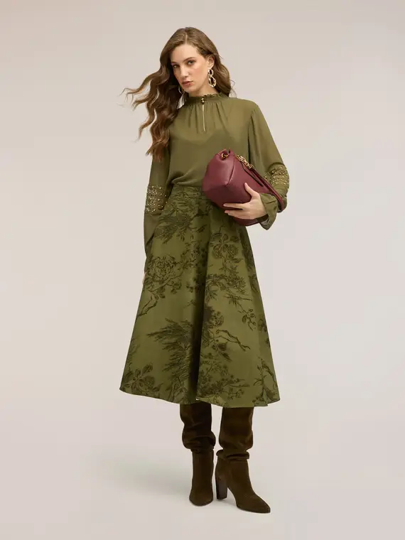 Gonna midi a ruota con fantasia botanica Donna, Verde militare