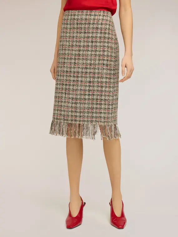 Gonna tubino in bouclé con frange Donna, Beige miniatura 3