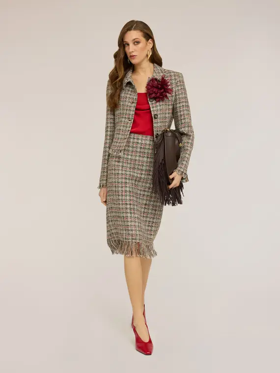 Gonna tubino in bouclé con frange Donna, Beige