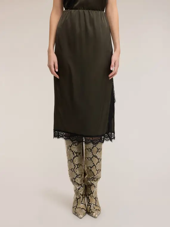 Gonna tubino in raso con pizzo Donna, Verde militare miniatura 3