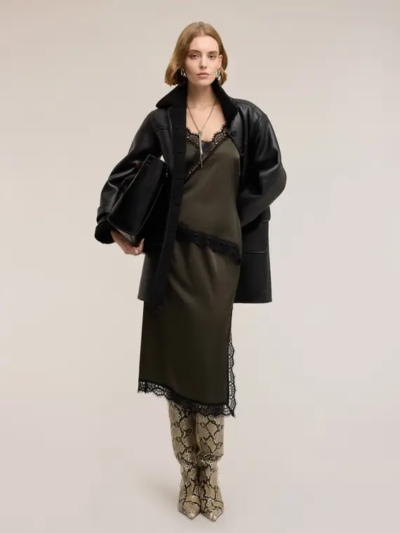 Gonna tubino in raso con pizzo Donna, Verde militare