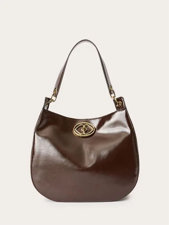 Hobo bag in tessuto spalmato lucido Donna, Marrone miniatura 2