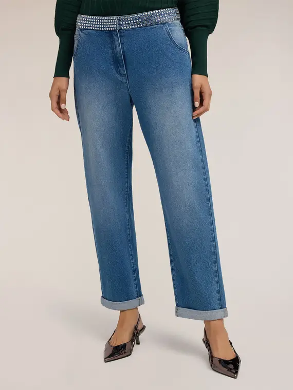 Jeans boyfit con cintura gioiello Donna, Blu