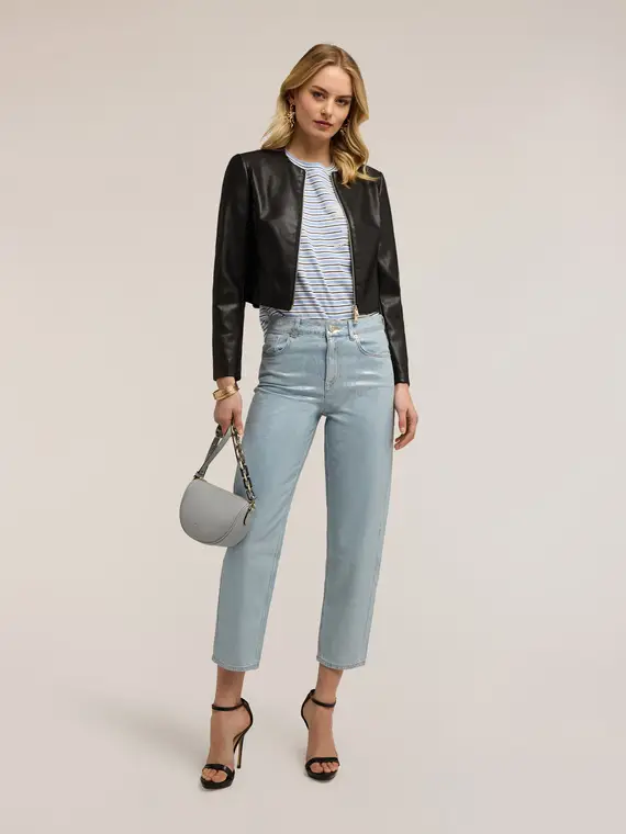 Jeans regular boyfit con laminatura Donna, Azzurro