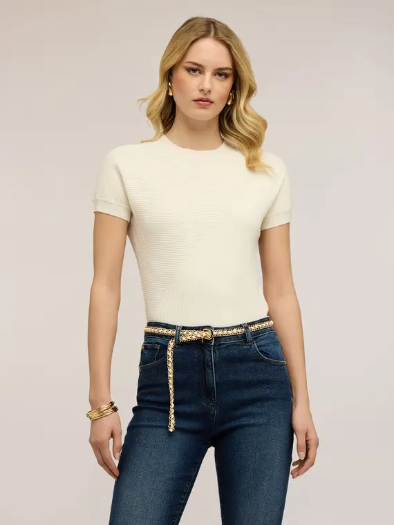 Maglia a coste con manica a kimono Donna, Bianco miniatura 3