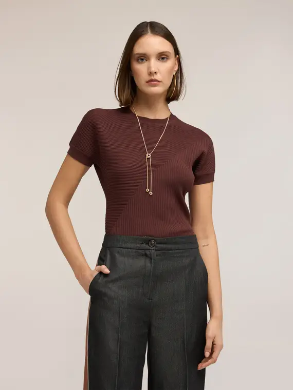 Maglia a coste con manica a kimono Donna, Marrone