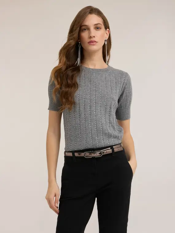 Maglia a coste con righe di strass Donna, Grigio miniatura 3