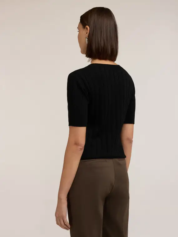 Maglia a coste con righe di strass Donna, Nero miniatura 2