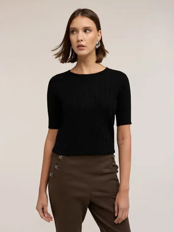 Maglia a coste con righe di strass Donna, Nero miniatura 3