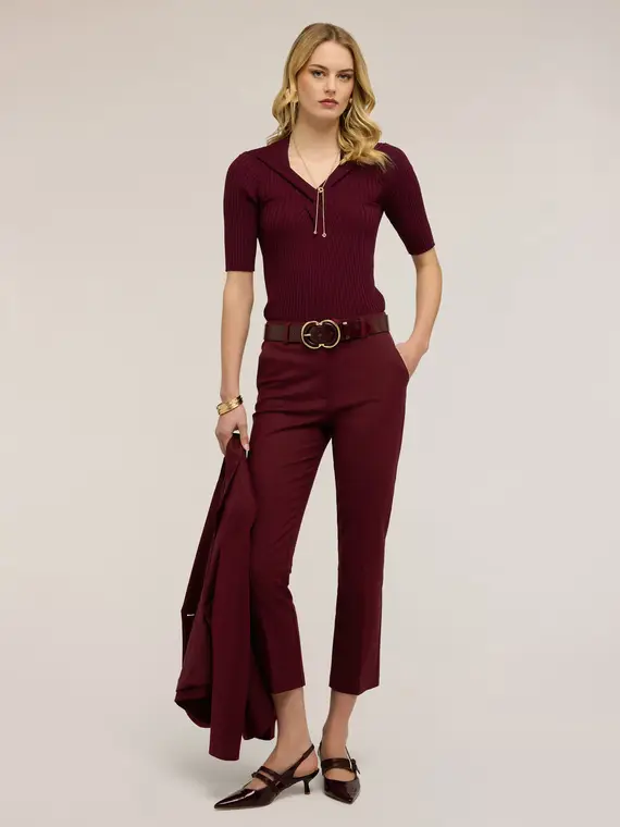 Maglia a coste con scollo incrociato Donna, Bordeaux miniatura 3