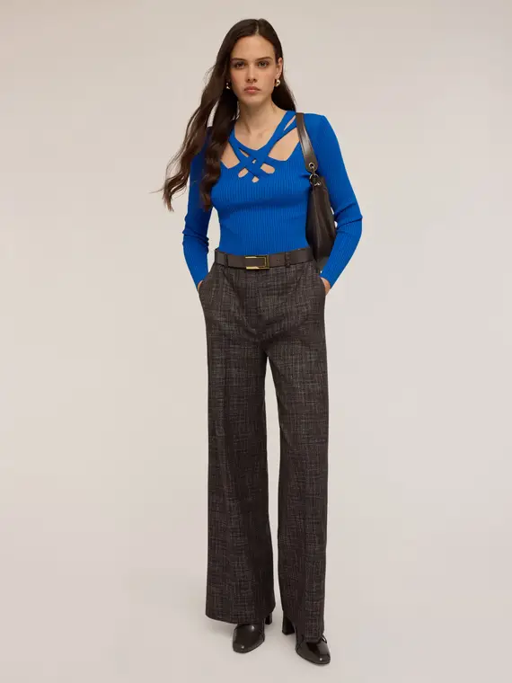 Maglia a coste con scollo lavorato Donna, Bluette