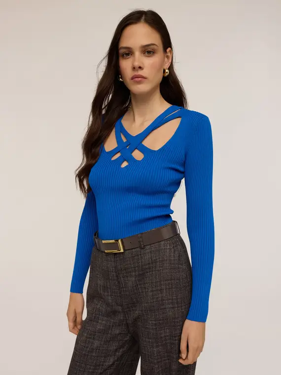 Maglia a coste con scollo lavorato Donna, Bluette miniatura 2