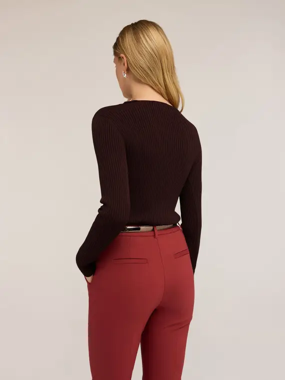 Maglia a coste con scollo lavorato Donna, Marrone miniatura 2
