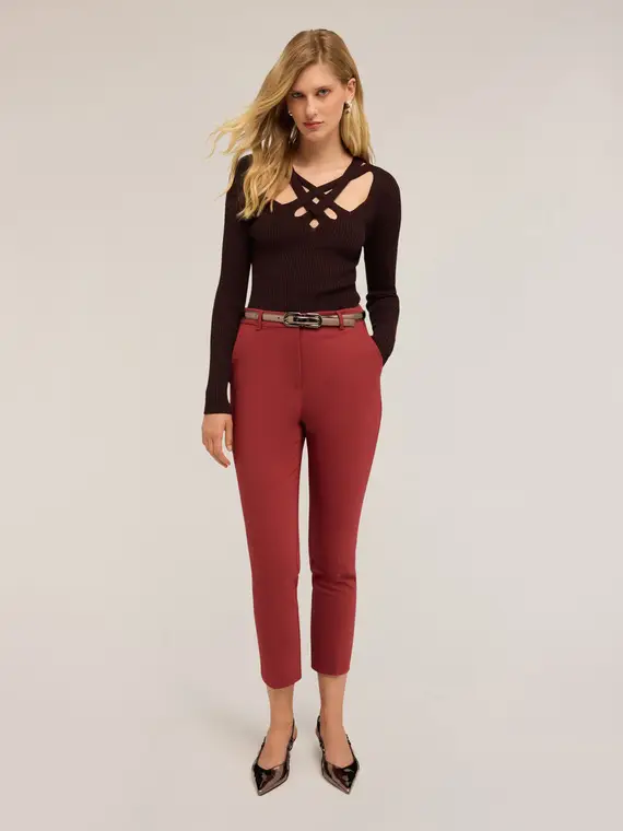 Maglia a coste con scollo lavorato Donna, Marrone miniatura 3