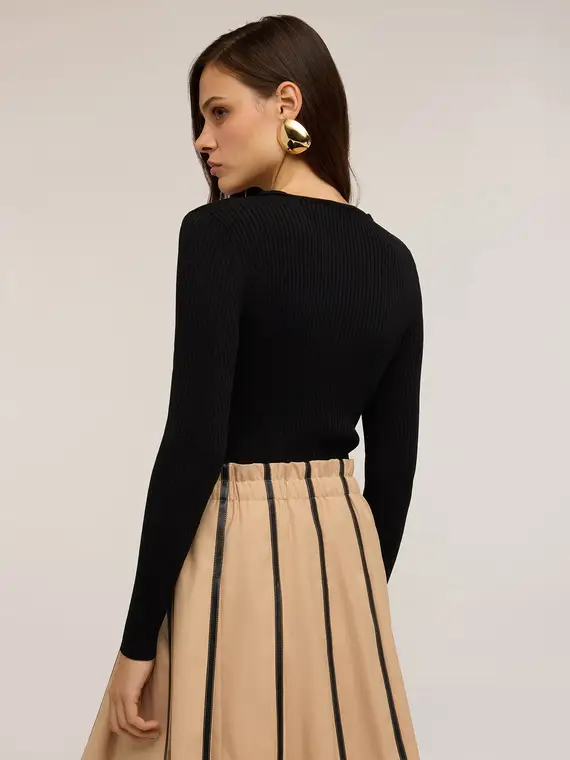 Maglia a coste con scollo lavorato Donna, Nero miniatura 2