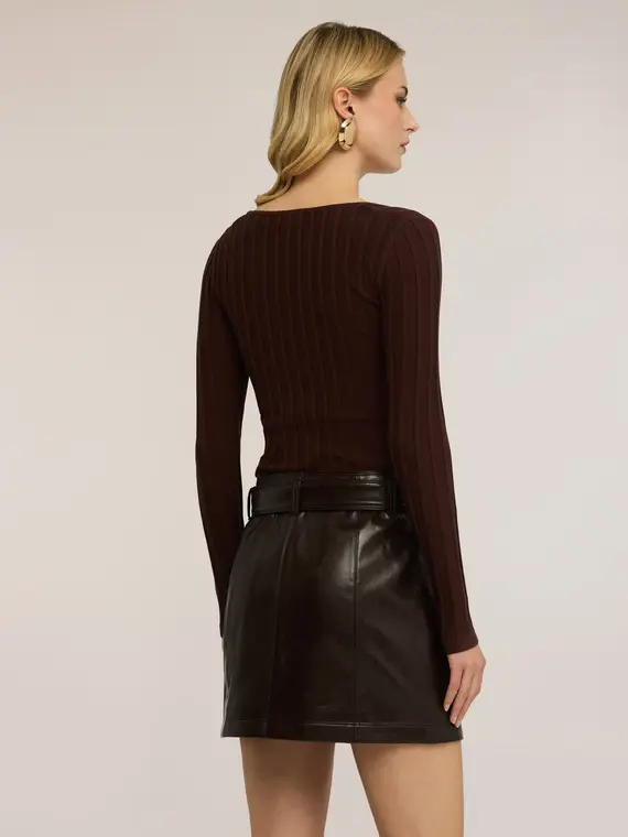 Maglia a coste con scollo quadrato Donna, Marrone miniatura 2